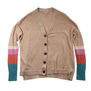 Boden Womens Linen Colorblock Sleeve Cardigan Tan Beige Pink Teal V-Neck 4